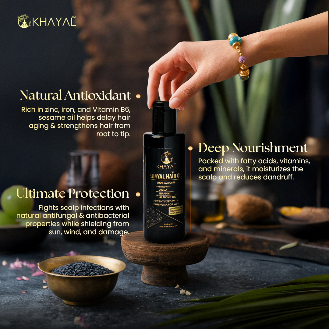 Khayal Hair Oil with Pure Sesame Oil Base | For Hair Strength & Scalp Health | 100% Organic | Crafted by Taila Paka Vidhi