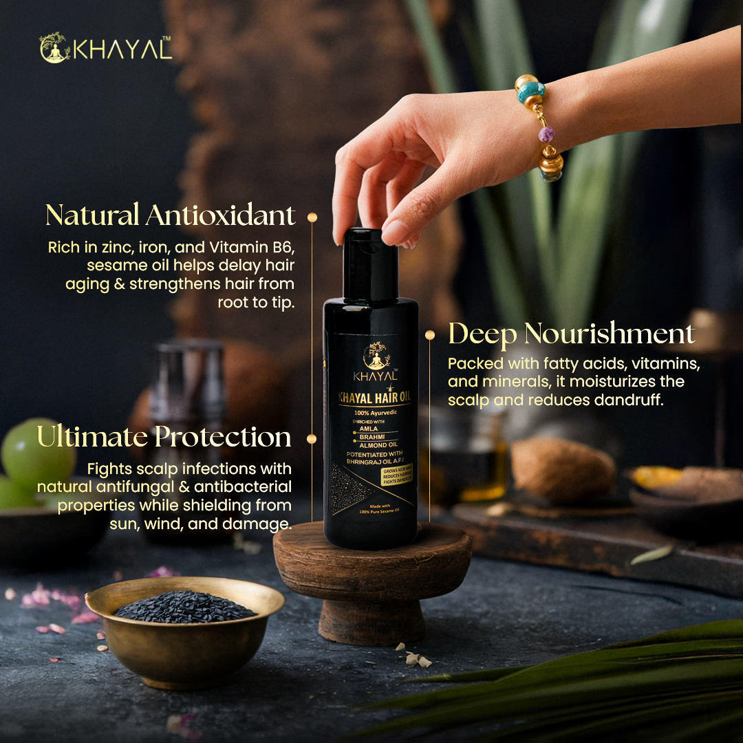 Khayal Hair Oil with Pure Sesame Oil Base | For Hair Strength and Scalp Health | 100% Organic |Crafted by Tail Pak Vidhi