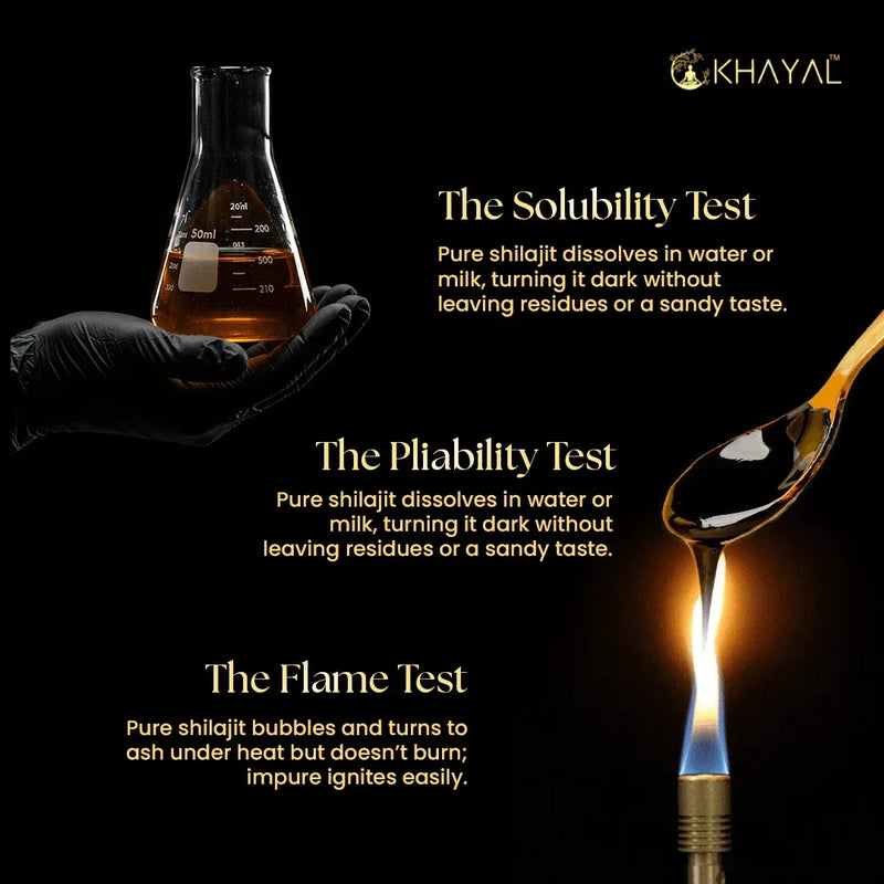 Three purity tests explained — solubility, pliability and flame test for pure Shilajit