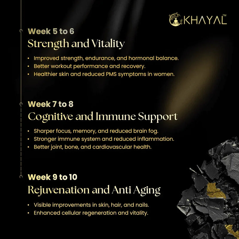 Benefits by week — strength, vitality, cognitive, immune and anti-ageing support from weeks 5 to 10