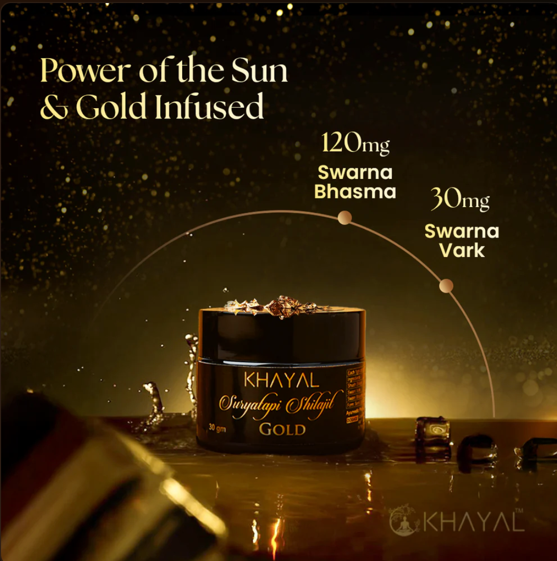 A jar of Khayal Suryatapi Gold keep on a golden surface with sparkles, highlighting its infusion of 120mg Swarna Bhasma and 30mg Swarna Vark. The text reads: Power of the Sun & Gold Infused.